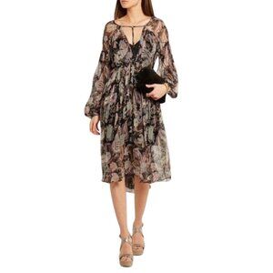 Zimmermann Henna T-Bar Dress Silk Floral Sheer Long Sleeves Sz 0 US 2-4 V-neck